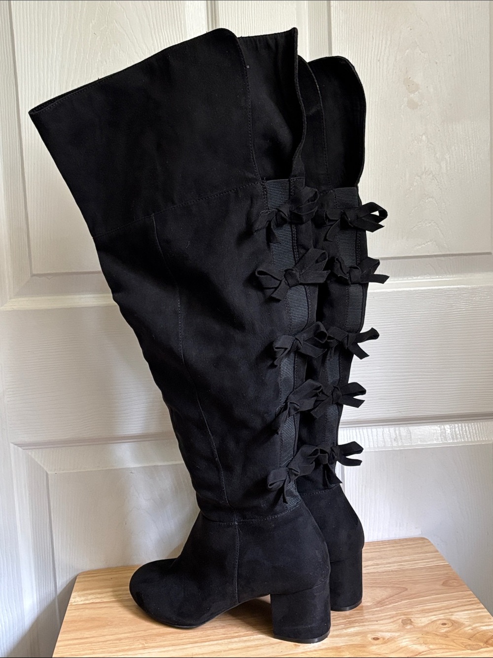 TORRID Black Faux Suede Bow Over The-Knee Boot Almond Toe 10.5 EXTRA WIDE WIDTH